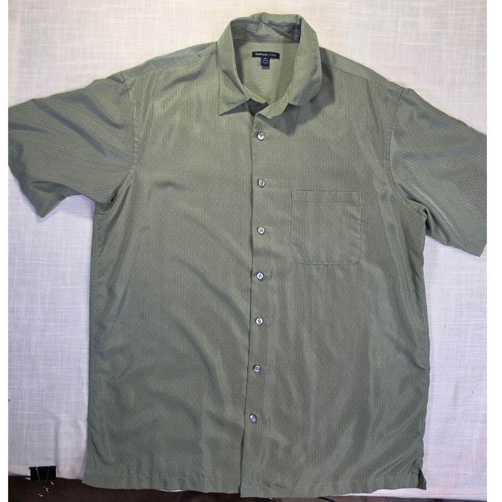 Van Heusen Studio Mens XLT Olive Green Pinstripe Dobby Short Sleeve Button Down